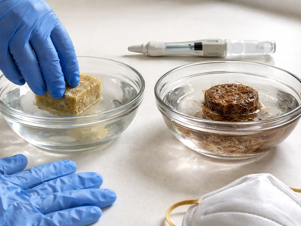 Gloved hands hydrating rockwool cubes and coco coir in separate bowls with pH-adjusted water