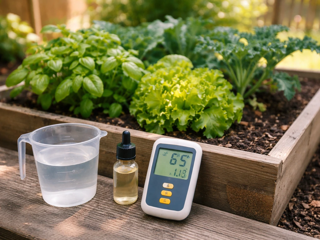 Outdoor grow plants with a nearby measuring cup, dropper bottle, and handheld meter showing pH/EC readings.
