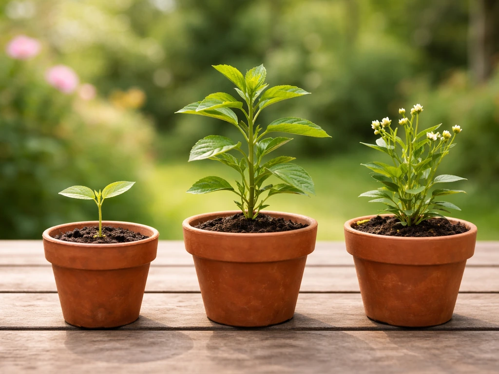 Three outdoor potted plants showing seedling, vegetative, and early flowering stages on a patio table
