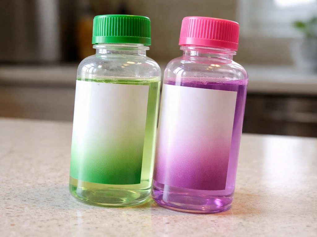Two nutrient bottles with colored caps side by side, labels blurred, close-up with natural light.
