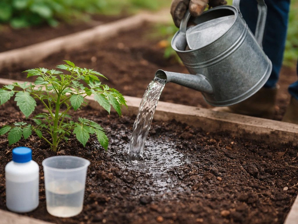 Hands mixing nutrient water in a watering can and pouring it onto an outdoor plant bed soil