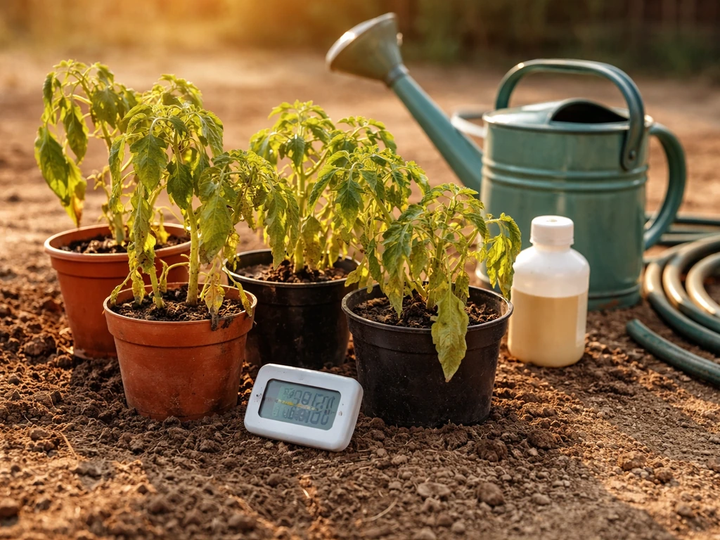 Heat-stressed outdoor plants with a thermometer nearby and watering tools on the ground during a heat wave.