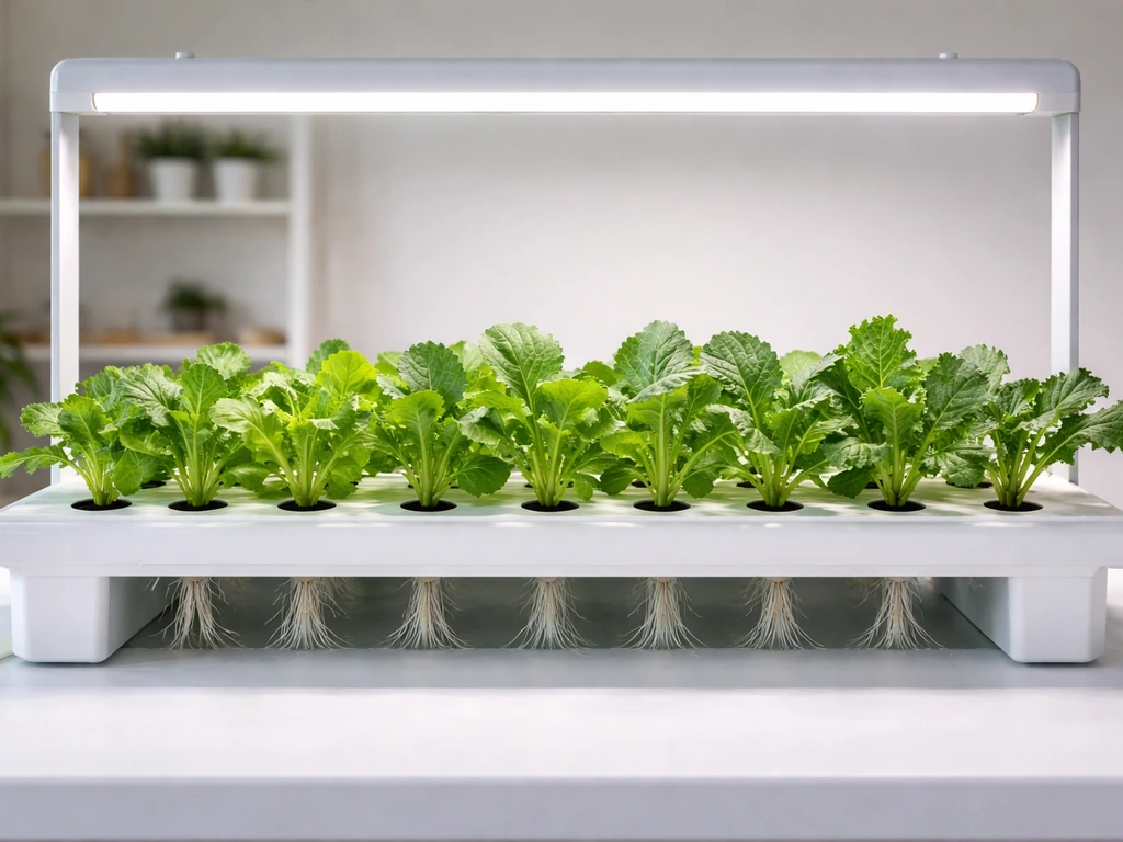 Leafy green hydroponic seedlings growing in a clean tray under grow lights in a bright minimal indoor setup.