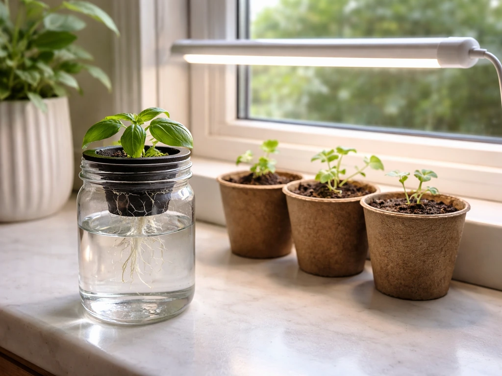 Small Kratky-style jar beside potted seedlings under a basic grow light on a clean counter.