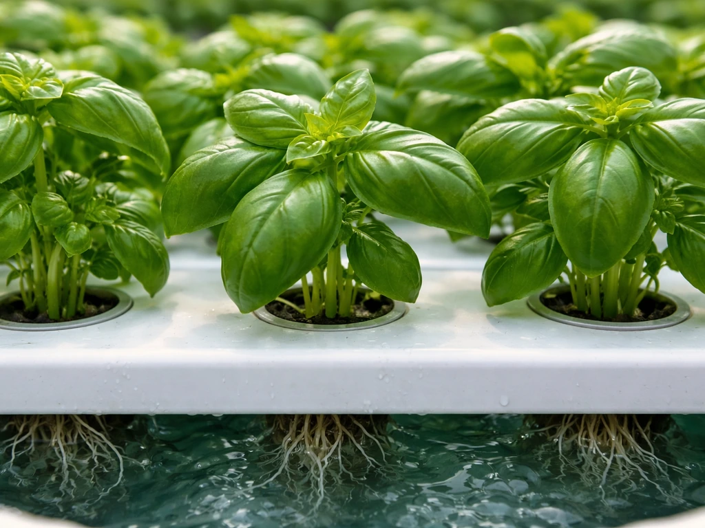 Fresh basil in a hydroponic system with visible new growth above clear water