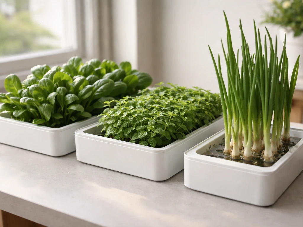 Hydroponic tray of spinach, contained mint, and green onions in separate channels under natural light