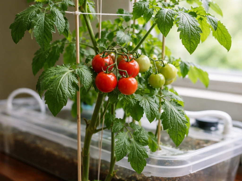 Healthy hydroponic tomato plant with trellis and visible fruit clusters in a small home grow setup.