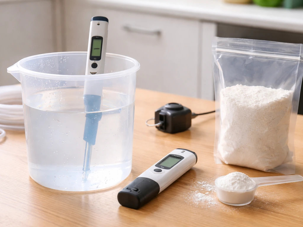 Close-up of mixing nutrient solution with pH/EC tools in a clean container on a minimal tabletop.