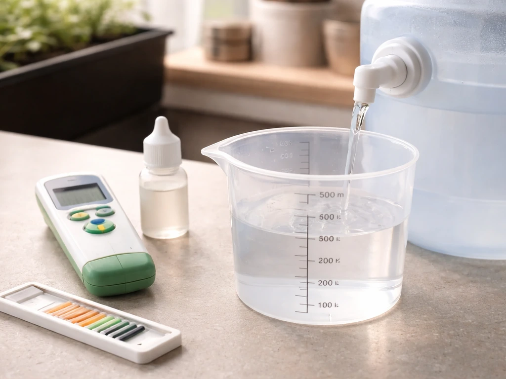 Close-up of pH/EC meter, test strips, and water jug pouring into a runoff container before nutrient mixing