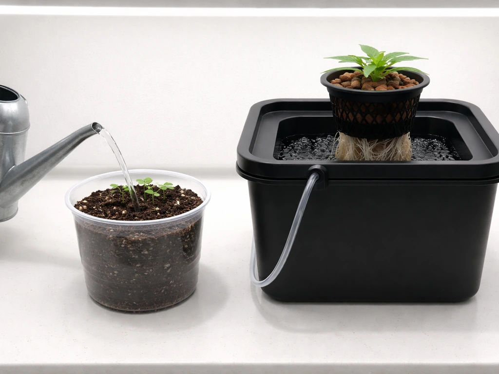 Two simple grow setups side-by-side: watering can for soil/soilless and a hydroponic reservoir container.