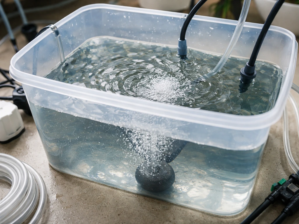 Close-up of a hydroponics nutrient reservoir with continuous air-stone bubbles and circulating solution.