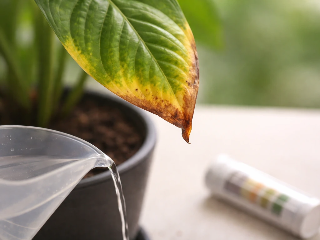 Close-up of a single houseplant leaf with yellowing and brown curled tips next to a small watering measuring cup.