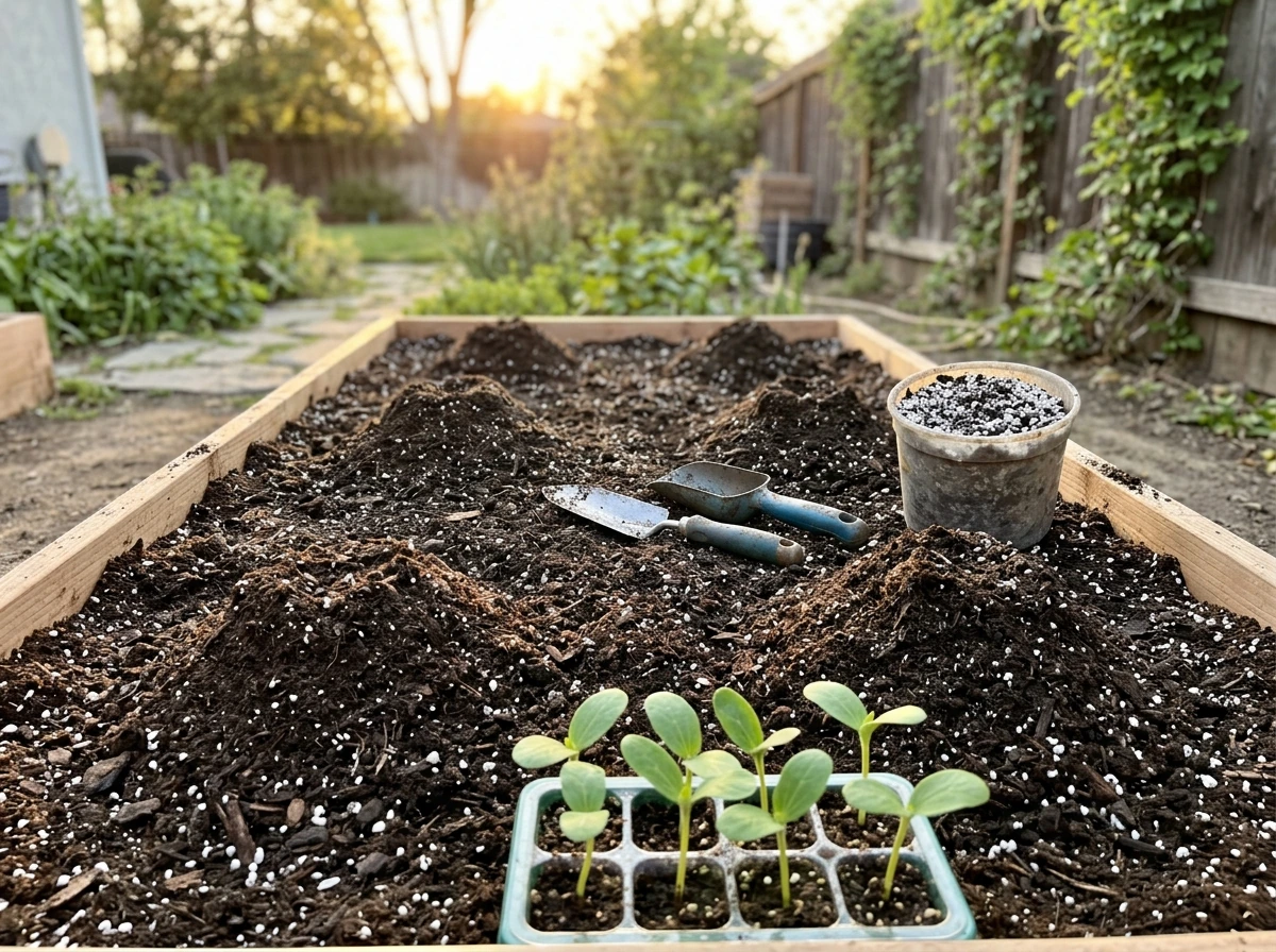 Prepared outdoor garden bed with crumbly amended soil, tools, and seedlings ready for planting.