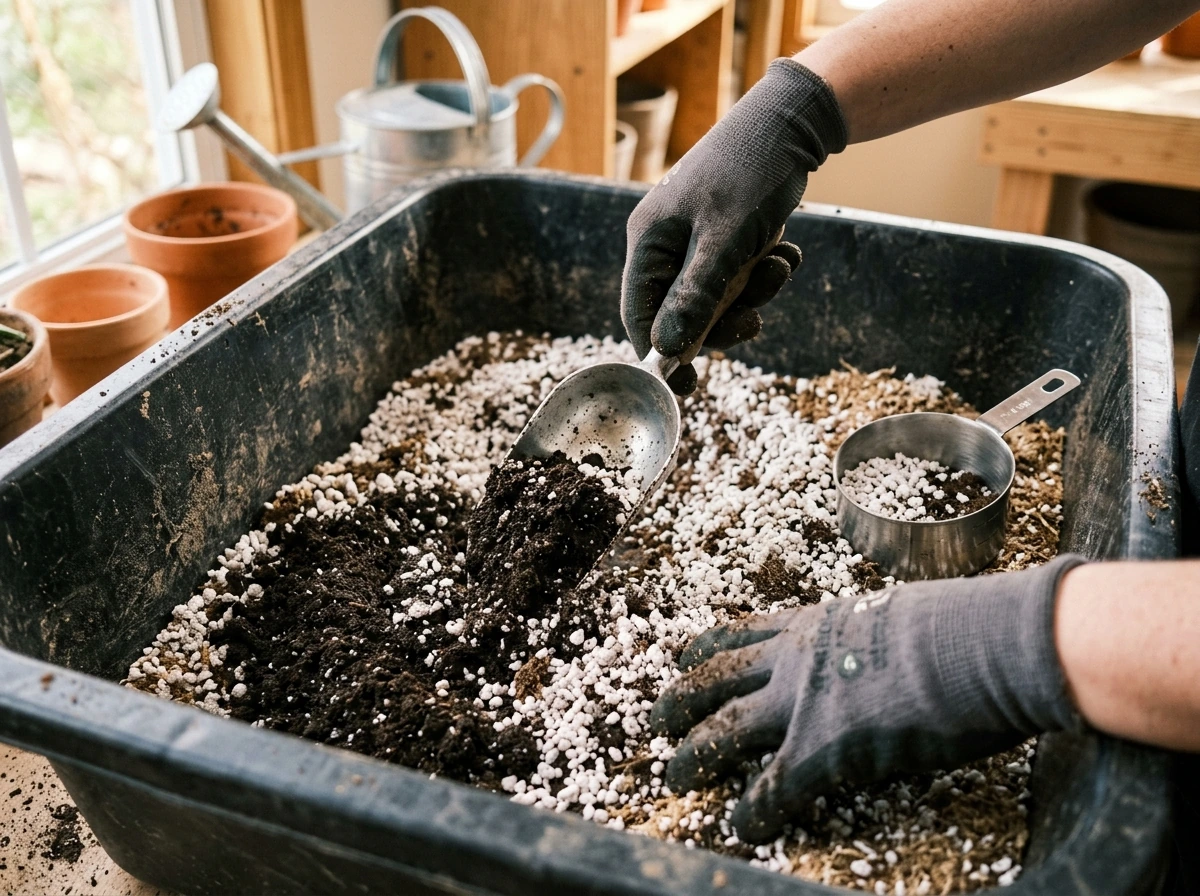 Measuring and mixing soil components with perlite, compost, and potting mix