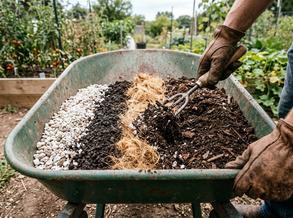 Cannabis-style outdoor container mix being assembled with perlite, coco, and worm castings