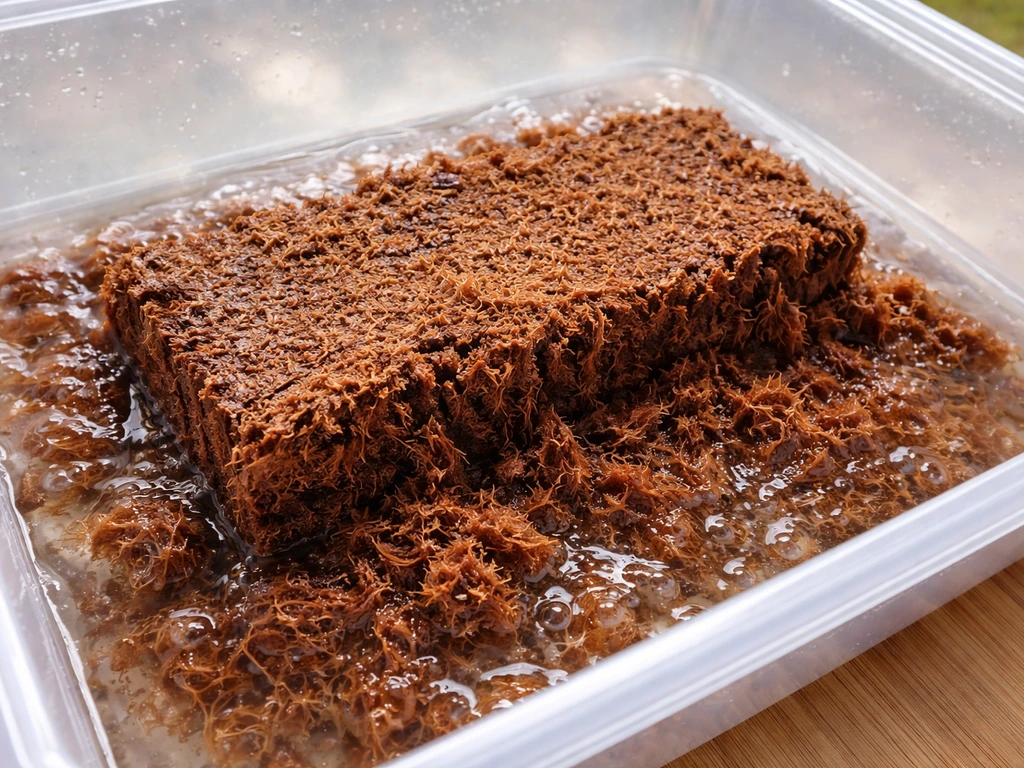 Close-up of an Eco Earth/coir substrate brick rehydrating in a container, fluffy damp fibers ready to use.