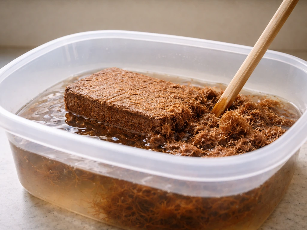 Compressed coir brick rehydrating in warm water, fibers expanding into fluffy texture in a clear tub.