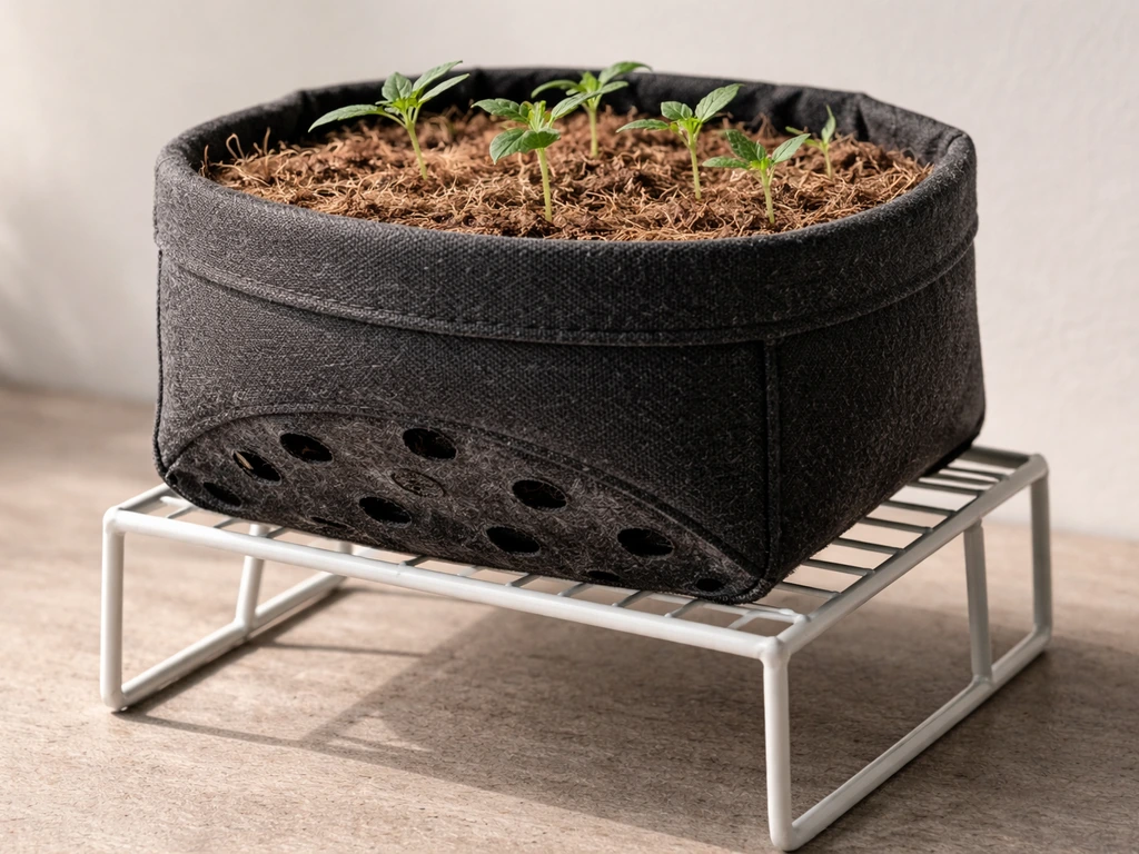Fabric pot on an elevated stand showing multiple drainage holes and lightly packed coir around seedlings.