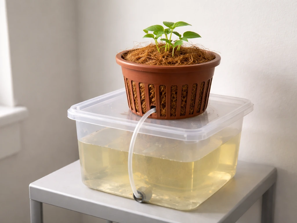 Hydroponic underpot system delivering nutrient solution to a coir root zone.