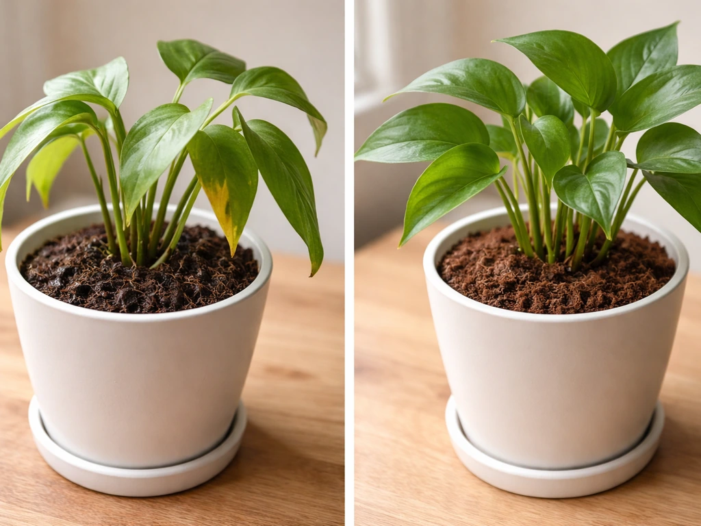 Split view of a coir plant: one drooping yellow leaves in wet substrate, one healthy in properly drying medium.