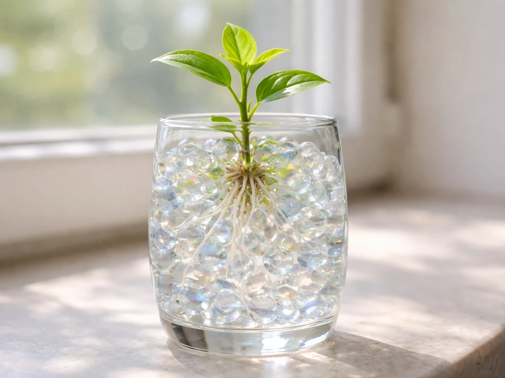 Clear vase of Orbeez with visible roots and fresh green sprout growth on a quiet windowsill