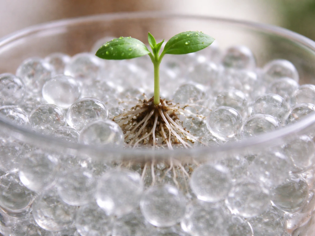 Fresh plant roots emerging from moisture-filled Orbeez hydrogel beads in a clear container