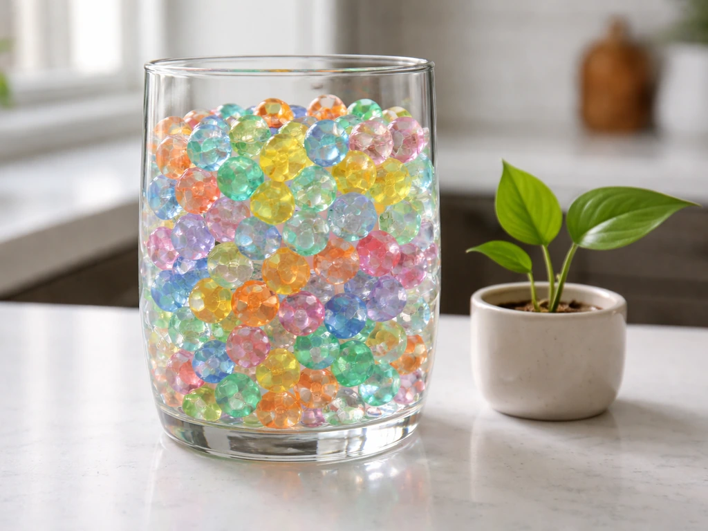 Clear vase filled with hydrated Orbeez and a small seedling cutting ready for planting.