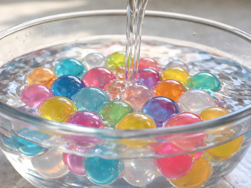 Orbeez beads swelling in clear water with a gentle rinse of water flowing over them.
