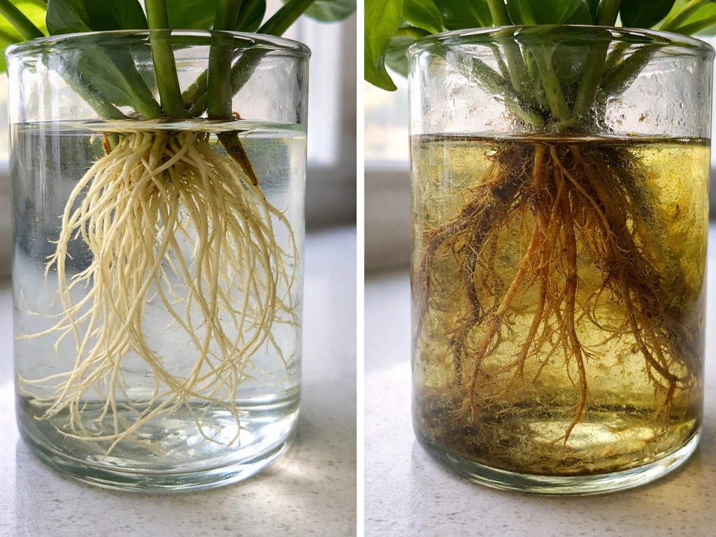 Close-up of a clear propagation container showing healthy pale roots vs brown slimy stressed roots with algae film.