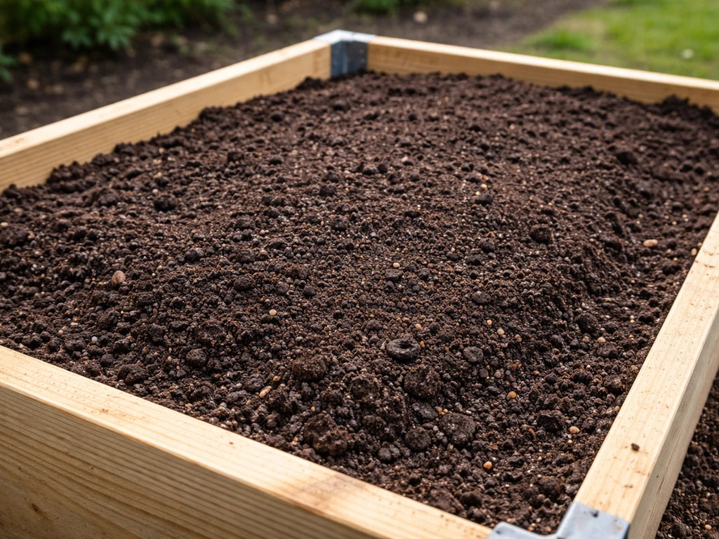 Raised garden bed filled with dark, freshly built topsoil blend showing rich texture and drainage-ready setup