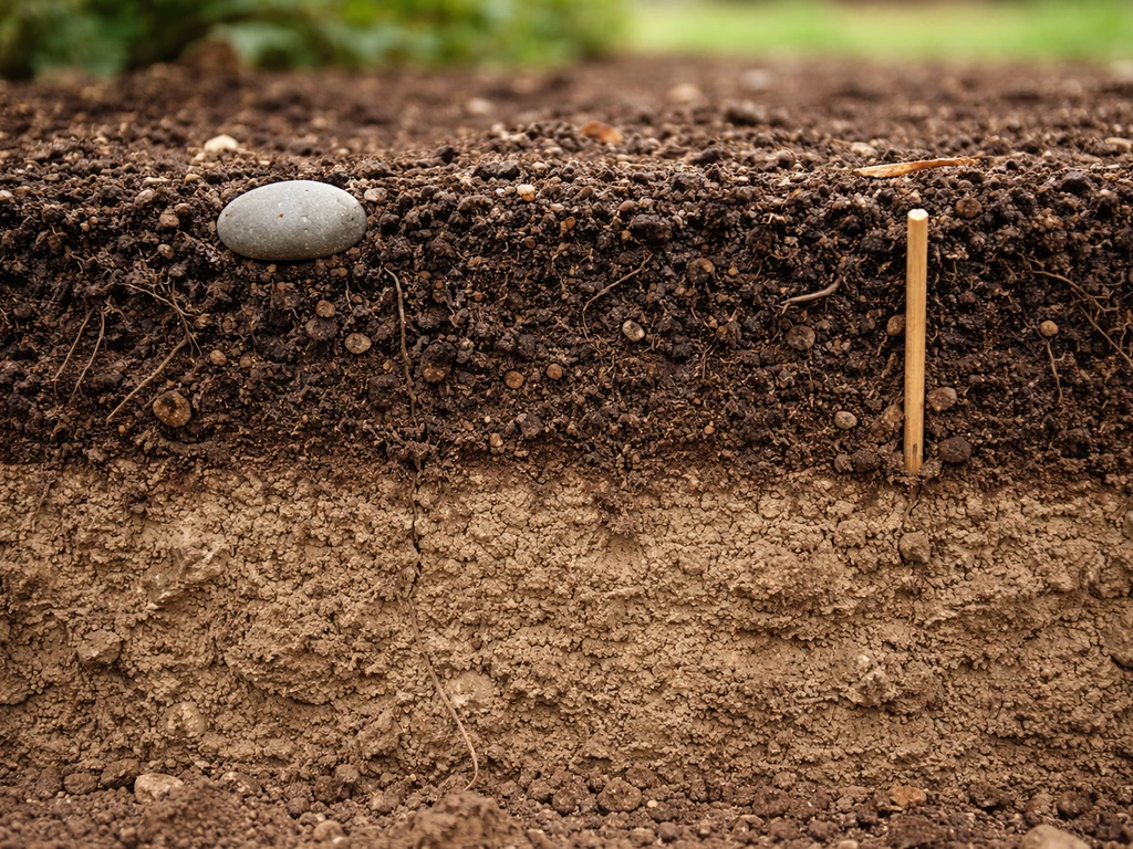 Close-up soil cross-section showing rich topsoil layer over lighter subsoil, minimal and realistic.