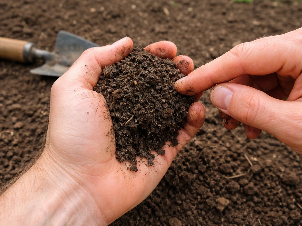 Close-up of hands squeezing moist topsoil into a loose ball that crumbles when poked