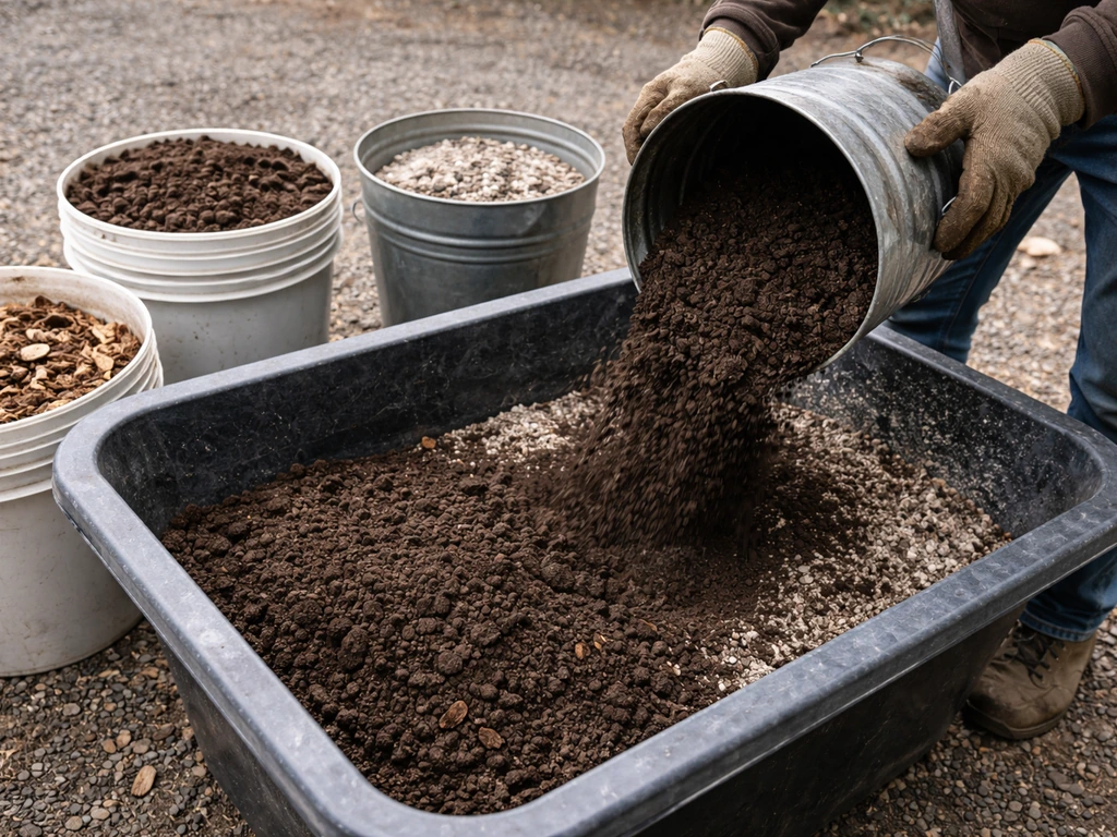Hands pouring topsoil into a mixing tub with compost and amendments in buckets at a simple outdoor station