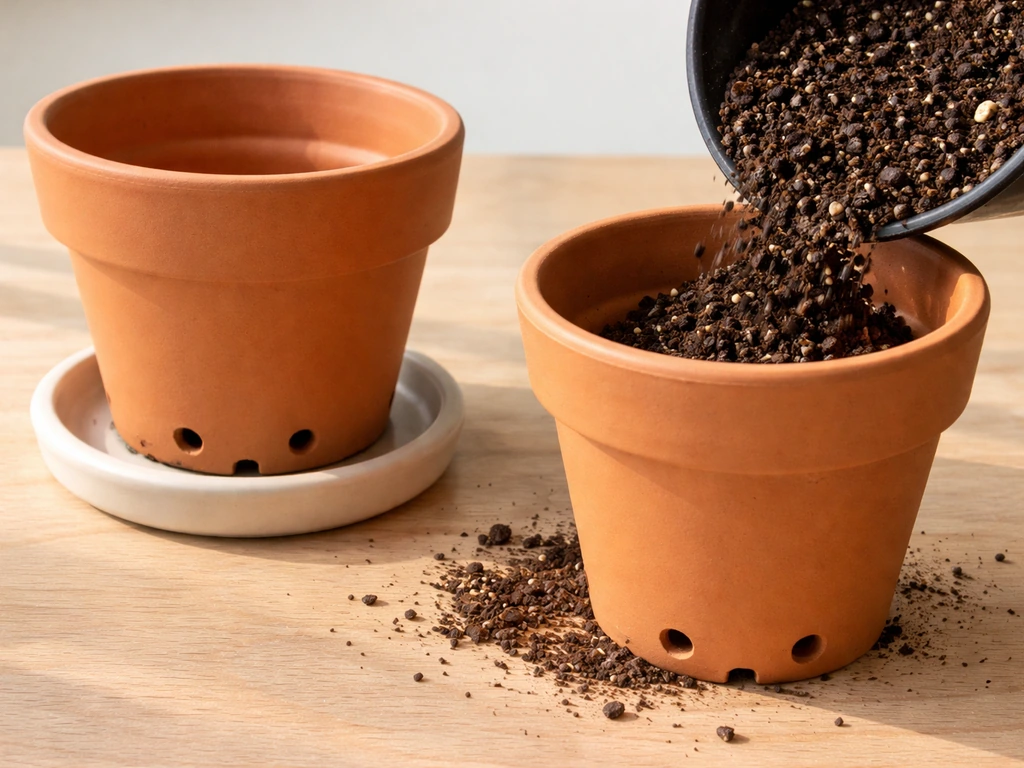 Terracotta pot with visible drainage holes and saucer gap, with amended topsoil blend being poured.
