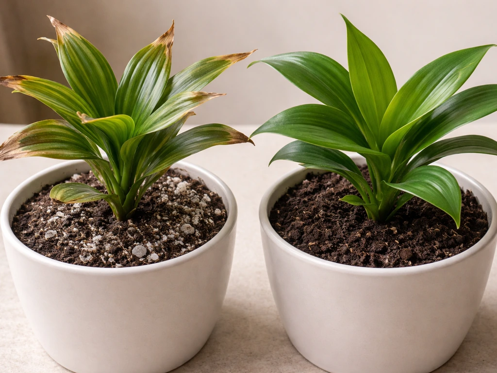 Close-up comparison of plant leaf tips: brown crispy nutrient burn/salt buildup vs healthy green leaves, with visible so