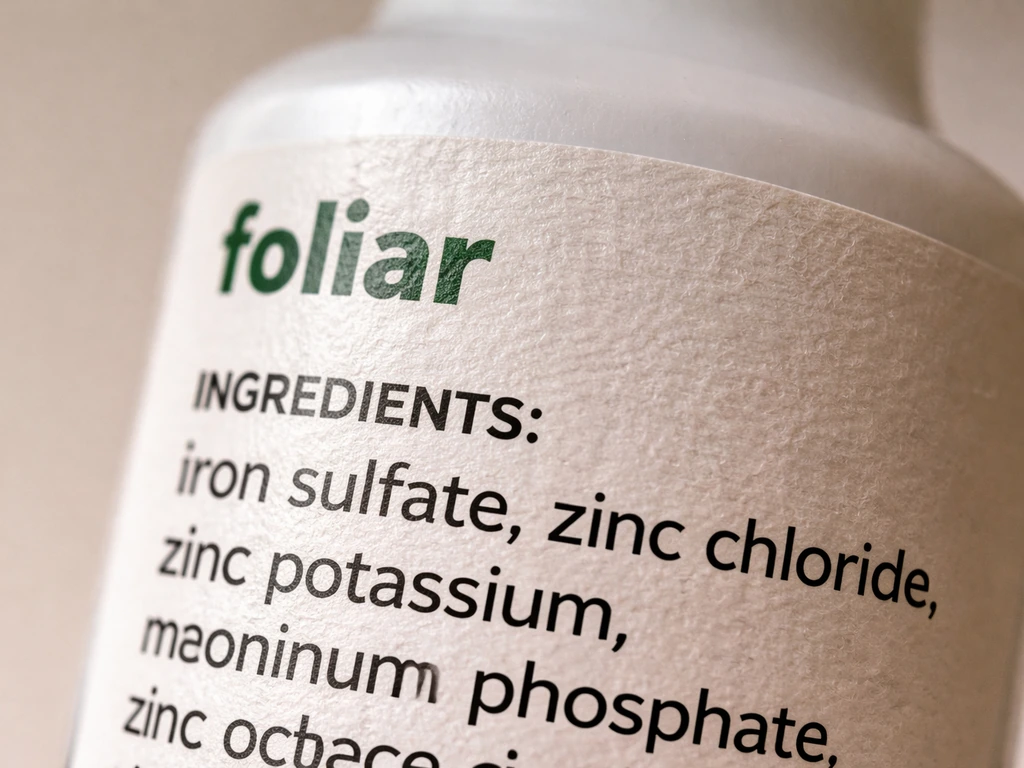 Close-up of a product label with micronutrient foliar spray ingredients like iron sulfate and zinc chloride