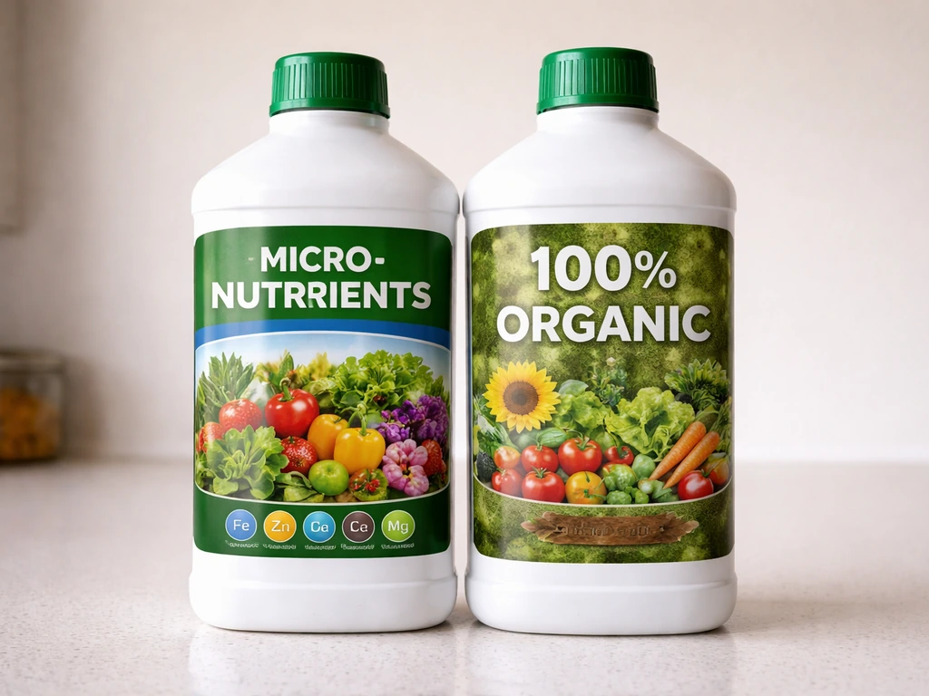 Close-up of two fertilizer bottles side-by-side with different organic claims on their labels