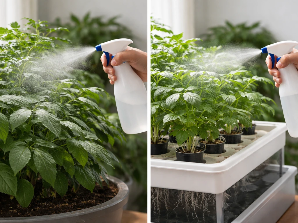 Close-up of a person spraying foliar micronutrients on leafy plants, with hydroponic grow setup in the background