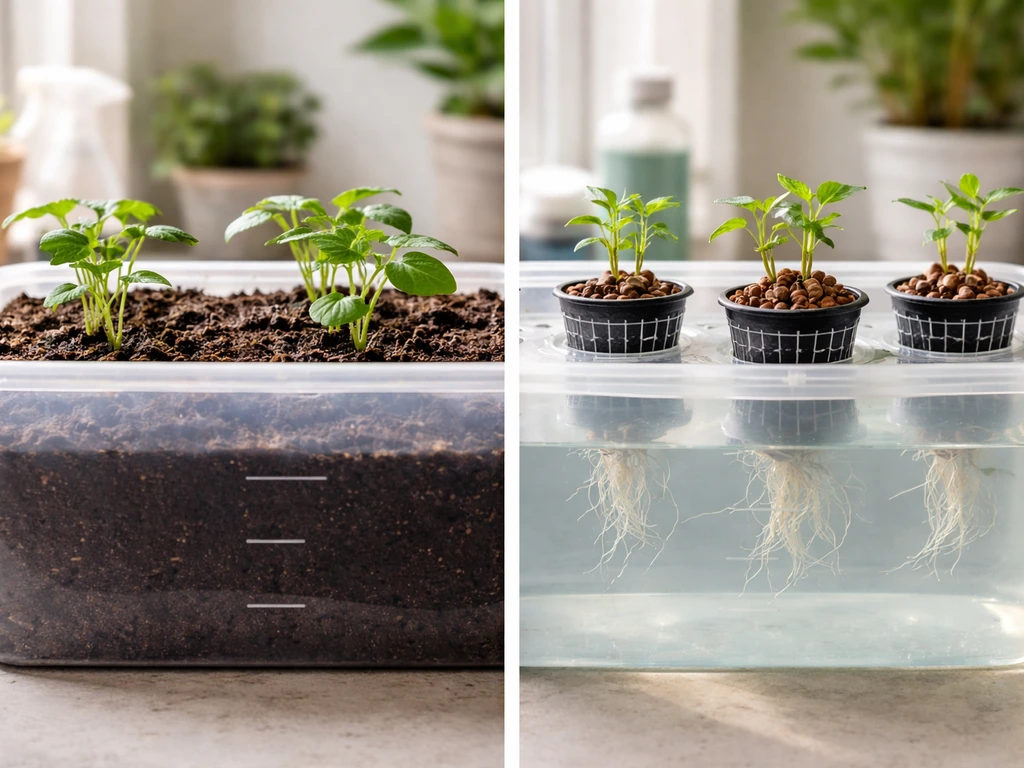 Split scene showing soil gardening and hydroponics in a simple per-gallon container setup
