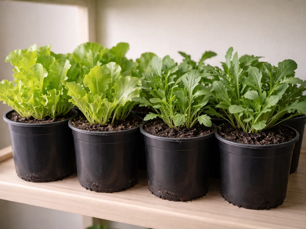 Dense leafy greens growing in compact 1-gallon soil pots on a simple shelf.