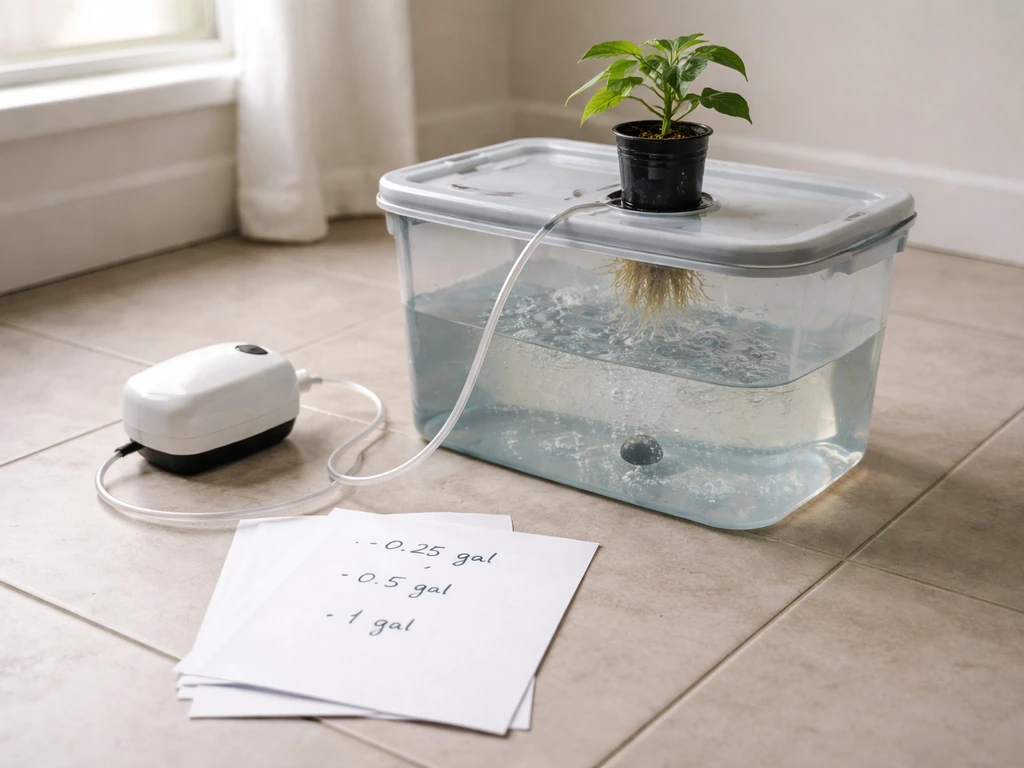 Minimal indoor hydroponic setup with reservoir, air stone, tubing, and plant-size reservoir targets on papers