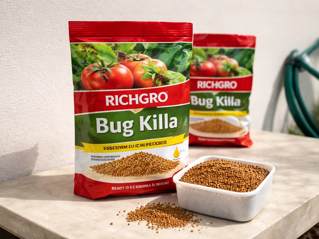 Close-up of Richgro “Bug Killa” granules in packaging, suggesting the common “Rich Grow” misread context.
