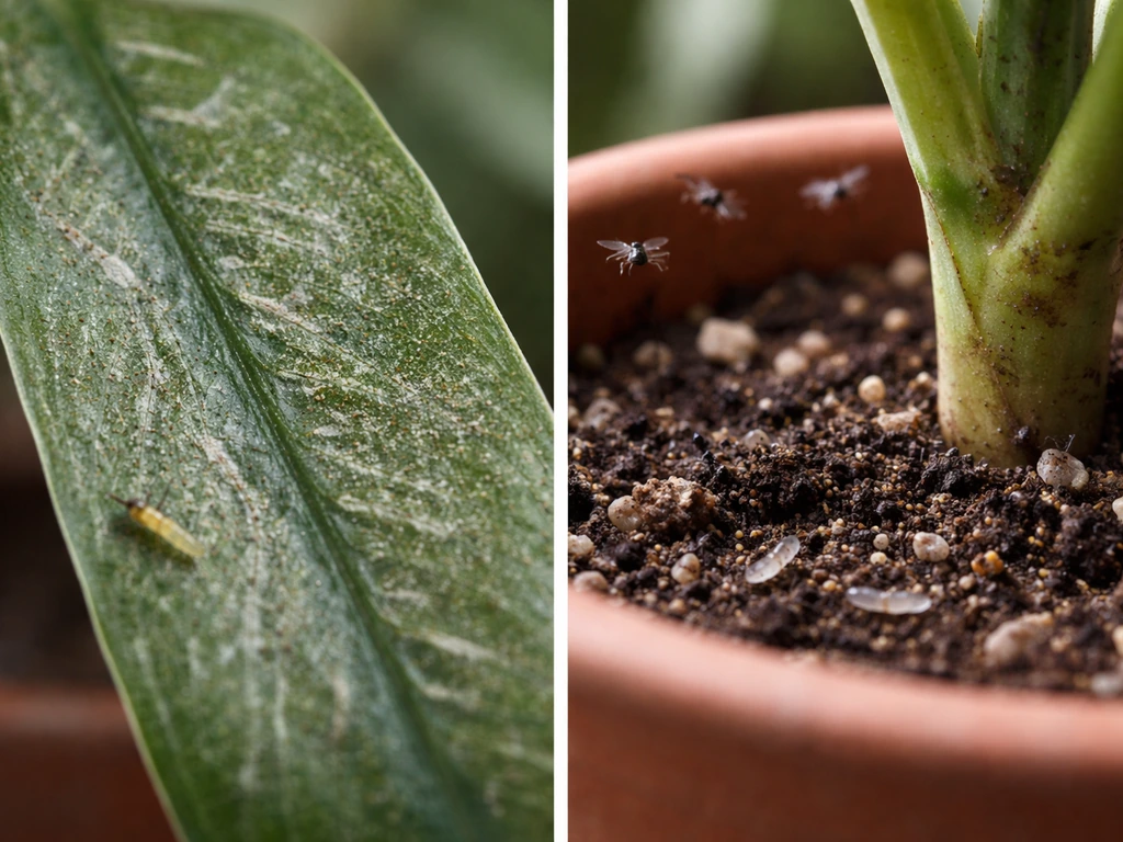 Close-up of plant leaves with silvery streak damage from thrips, plus a separate view of soil surface with tiny gnats.