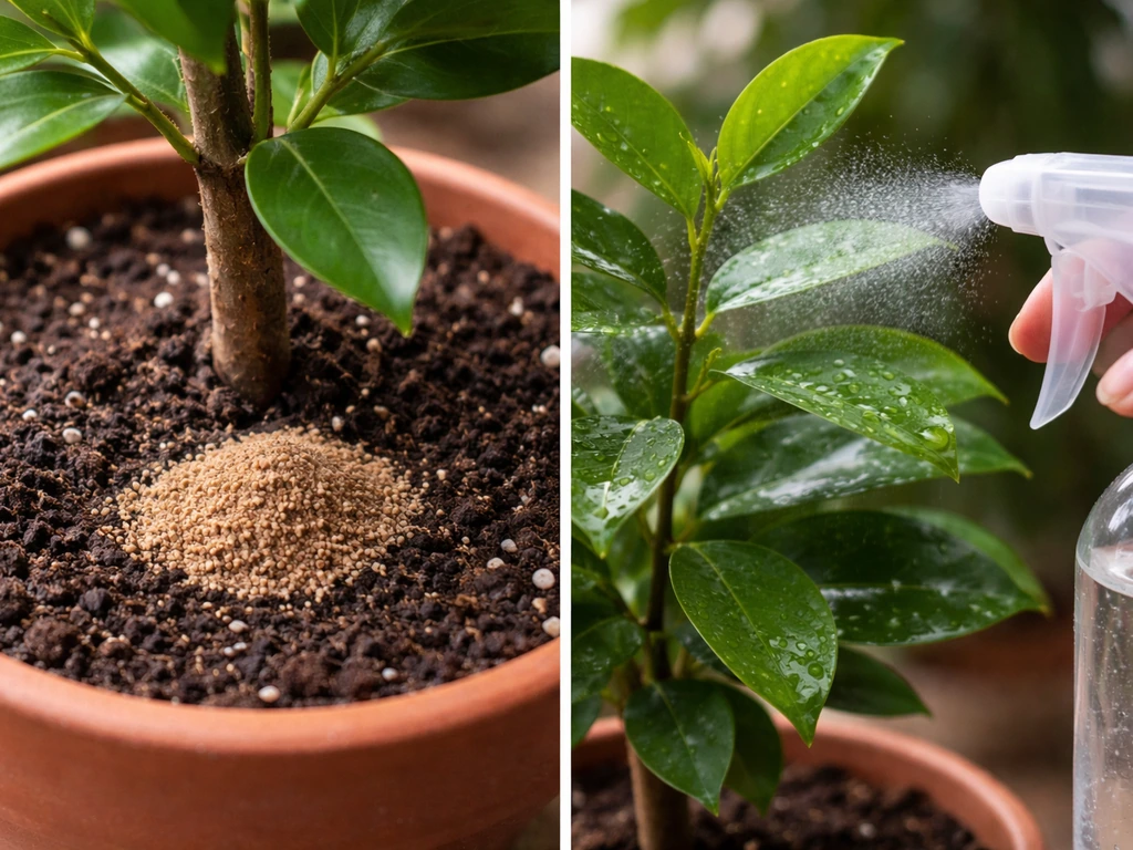 Split scene showing granular imidacloprid applied to soil beside a foliar spray bottle for pests on a plant.