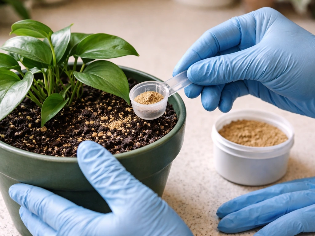 Gloved hands measuring granular insecticide and sprinkling it into moist potting mix in a pot