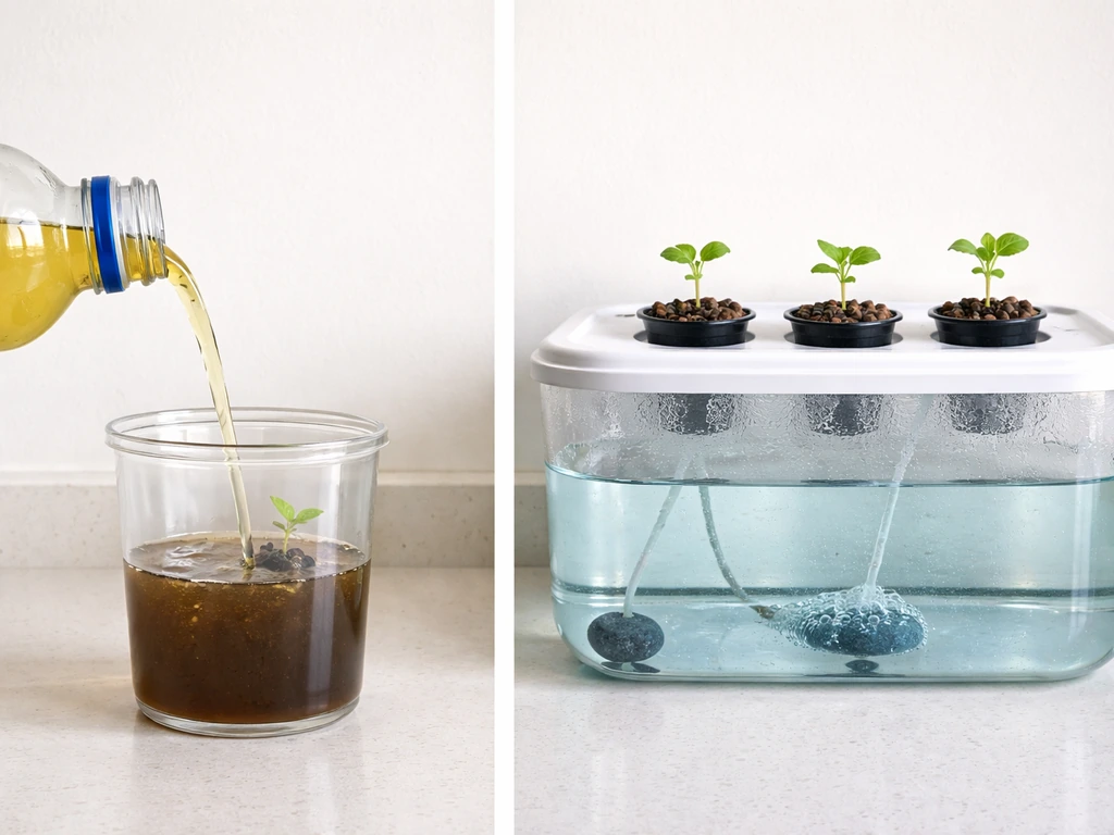 Two minimal plant-growing setups: a diluted sports drink pour vs clean hydroponic reservoir with seedlings