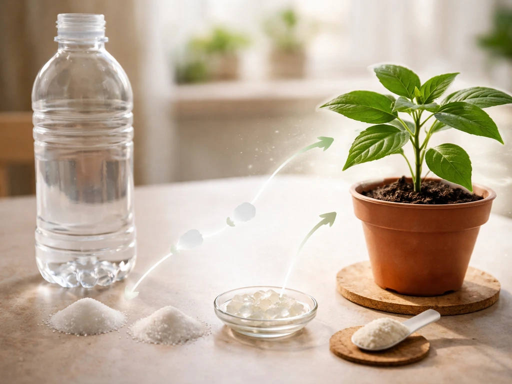 Close-up of a sports drink bottle with sugar, salt, citric acid, and plant fertilizer beside a potted plant.
