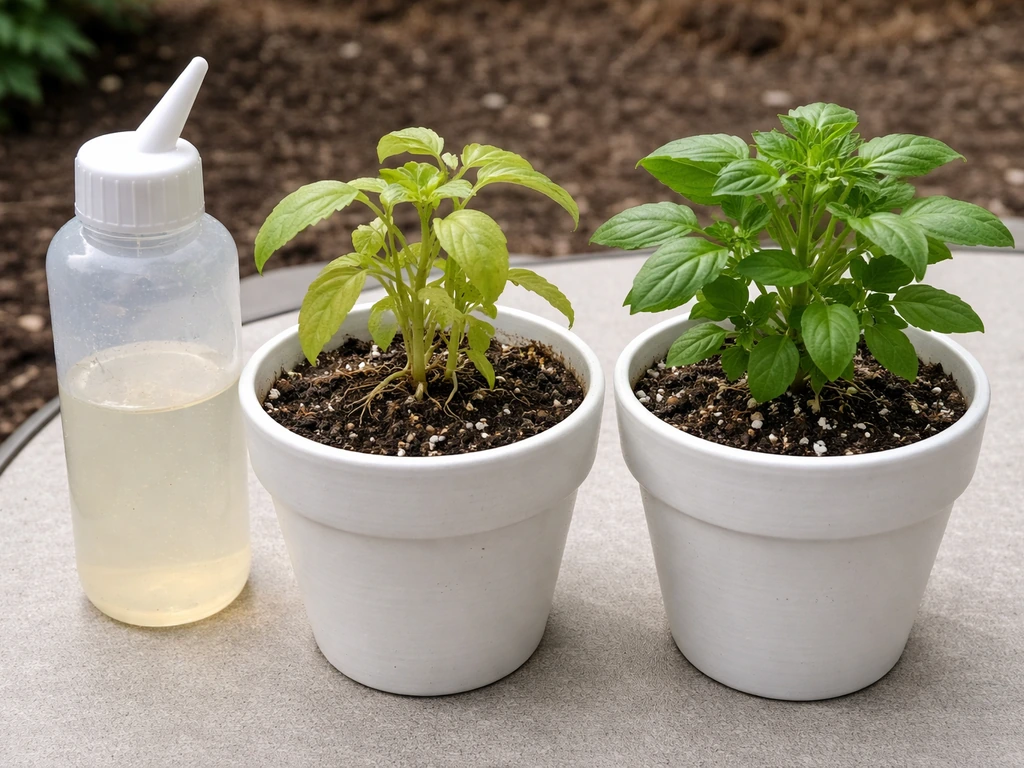 Two potted plants side by side—one yellowing from recent sugar watering, next to a watering bottle.