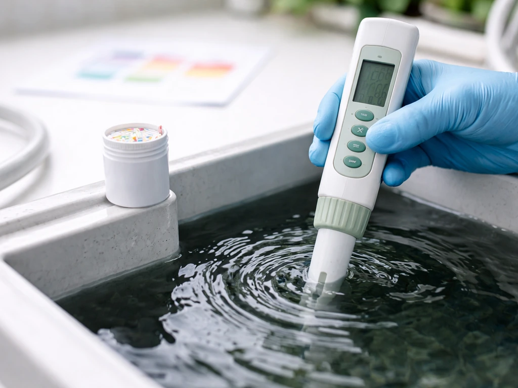 Gloved hand dipping a pH/EC meter probe into a hydroponic reservoir water, with test strips nearby.