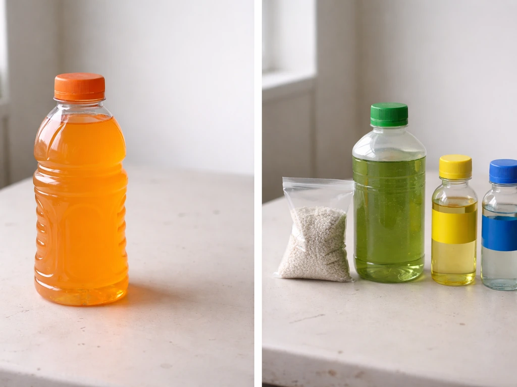 Sports drink bottle next to generic fertilizer bottles and granular nutrients on a simple workbench.